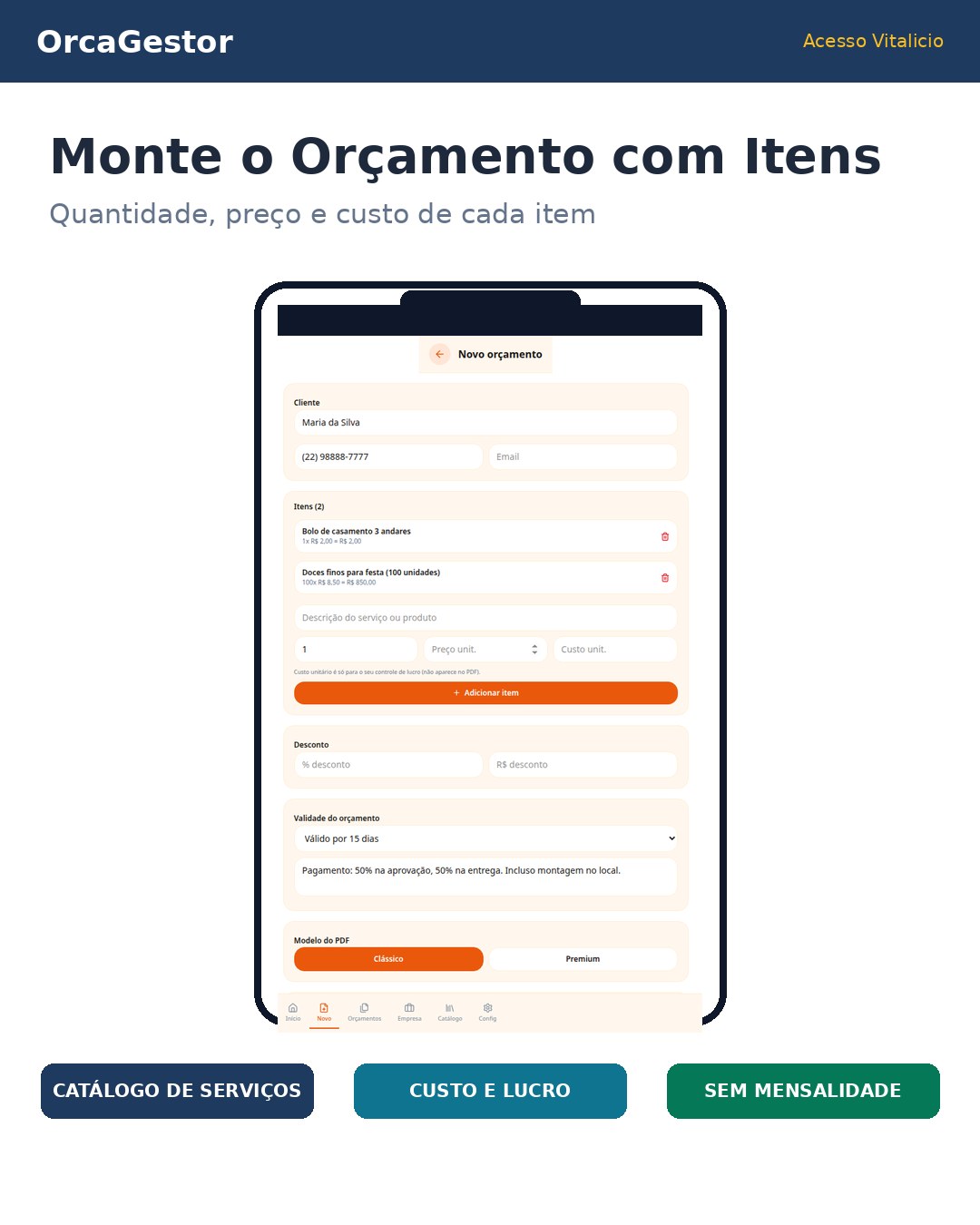 OrcaGestor: criando um orçamento com cliente, itens, preço e custo