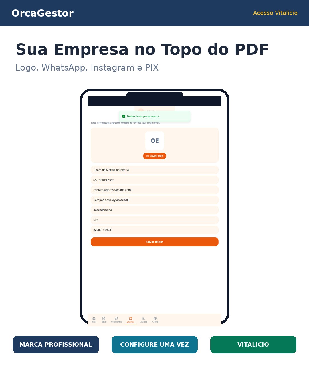 OrcaGestor: dados da empresa, logo, WhatsApp e PIX no PDF