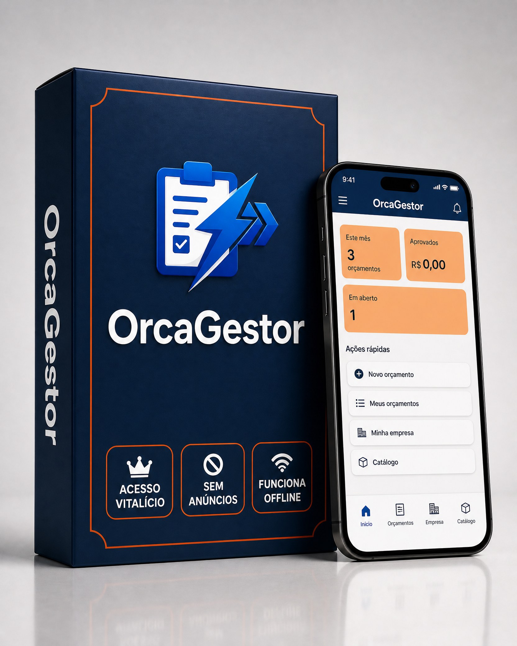 OrcaGestor: caixa do app e tela do sistema de orçamentos
